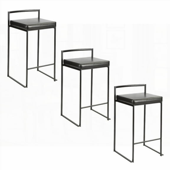 Contemporary Black Metal Stackable Dining Chairs - Set of 3 (26" with Black Faux Leather Cushion)