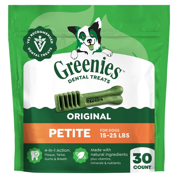 Greenies Original Flavor Adult Natural Dental Dog Treats Petite Size, 18 oz Pack (30 Count)