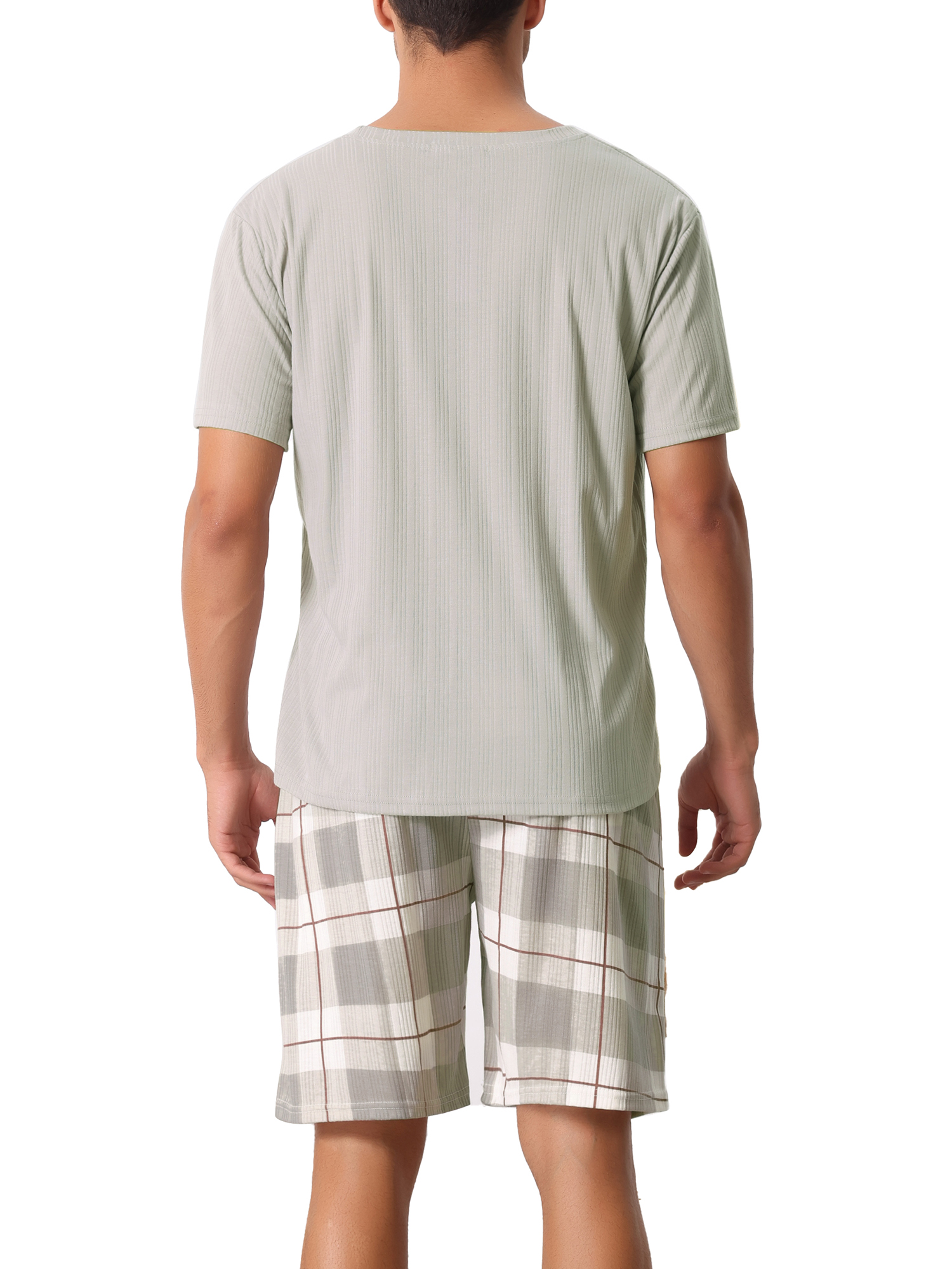 Unique Bargains Men's Sleepwear Plaid Short Sleeve T-Shirt with Shorts Couple Pajama Set L Gray