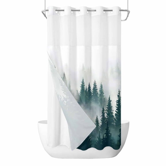 No Hook Dark Green Pine Forest Shower Curtain with Snap in Liner Set, Misty Tree Clouds Nature Waterproof Fabric Bathroom Curtains with See Through Top Window, Hotel Style Stall 54 x 78 Inch