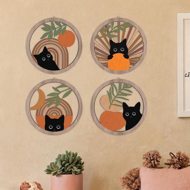 Decoración de pared de gato 4x Boho, arte de pared de madera colgante decoración de la habitación decorativa bohemia, letreros de madera para el baño