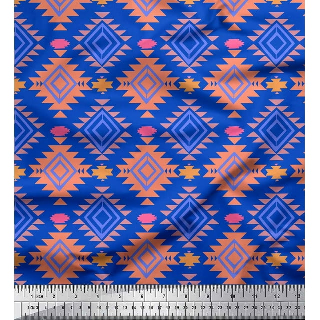 Soimoi Blue Georgette Viscose Fabric Diamond Geometric Print Fabric by Yard 42 Inch Wide
