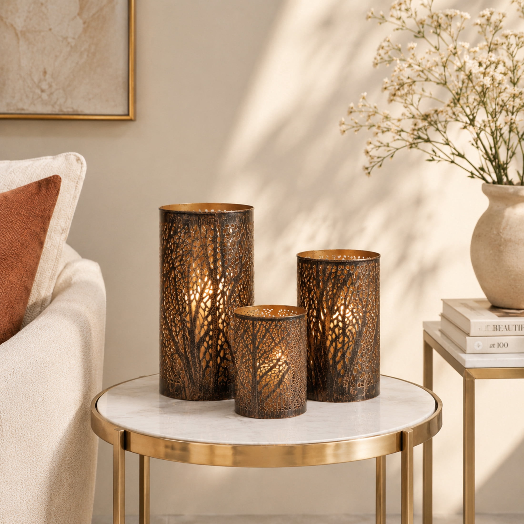 DecMode 3 Holder Bronze Metal Tree Branch Cutout Candle Lantern with Gold Interior, Set of 3