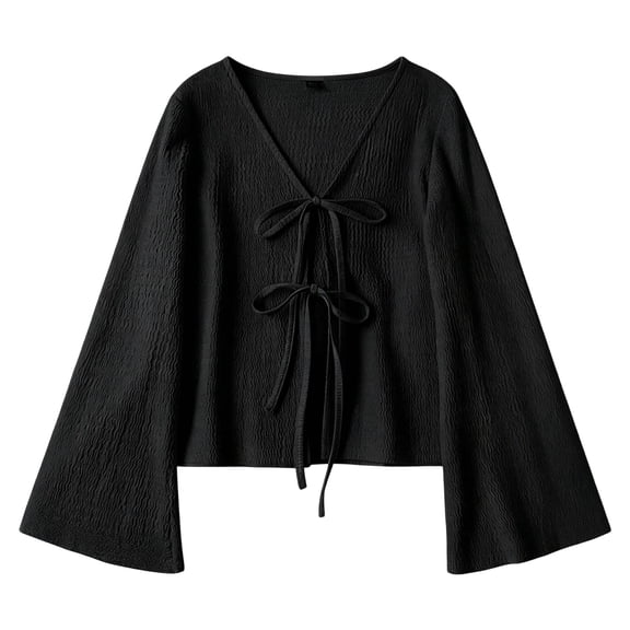 Admvng Women's Crop Cardigan Double Tie Front V Neck Flare Long Sleeve Textured Layering Shrug