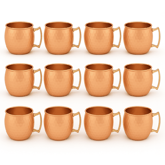 Modern Home Handmade 16oz Solid Copper Mule Mug – Barrel Shaped Mug with Brass Handle & Hammered Texture (Set of 12)