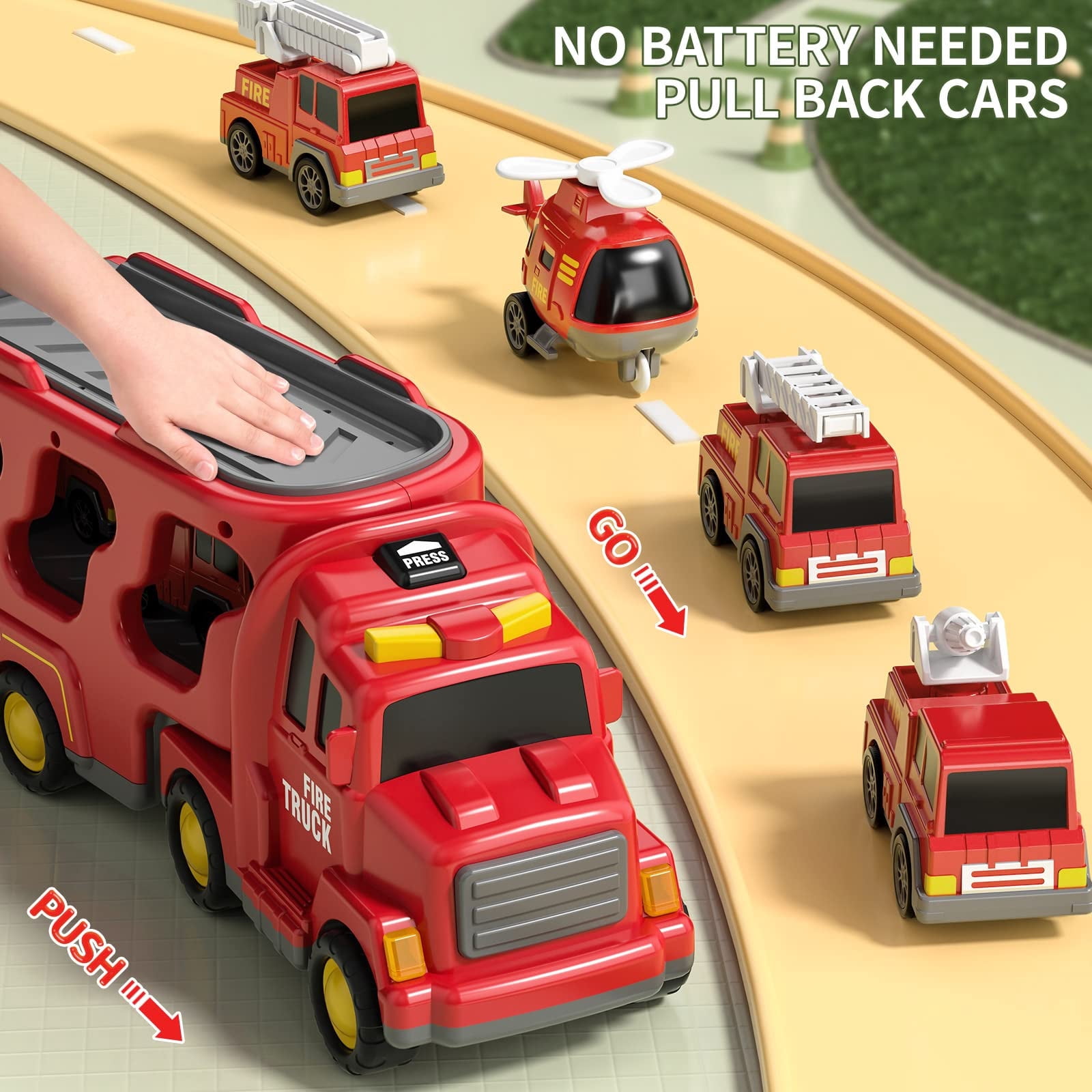 Fireman Truck Toys for 3 4 5 6 Years Old Boys Girls - 5 in 1 Carrier Truck Transport for Toddlers 1-3, Friction Power Vehicles for Kids 3-5, Christmas Birthday Gifts, Red