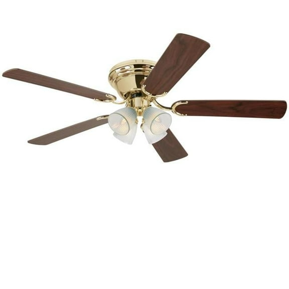52 in. Ceiling Fan with Dimmable LED Light Fixture Polished Brass Finish Reversible Blades Walnut & Oak Clear Ribbed Glass