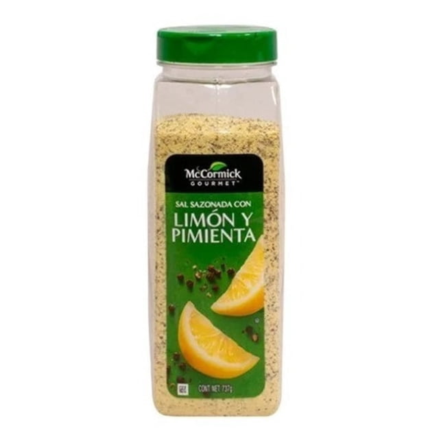 sal sazonada con limón y pimienta mccormick gourmet 737g frasco plástico transparente cuadrado con tapa verde, etiqueta frontal verde con logo McCormick y texto 'Limón y Pimienta', mezcla granulada amarilla con puntitos negros visible en el envase; a menudo usada como condimento para sazonar platos.