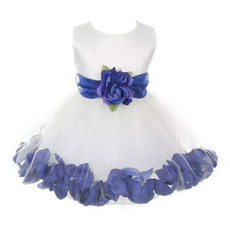 Baby Girls White Royal Blue Petals Organza Sash Flower Girl Dress