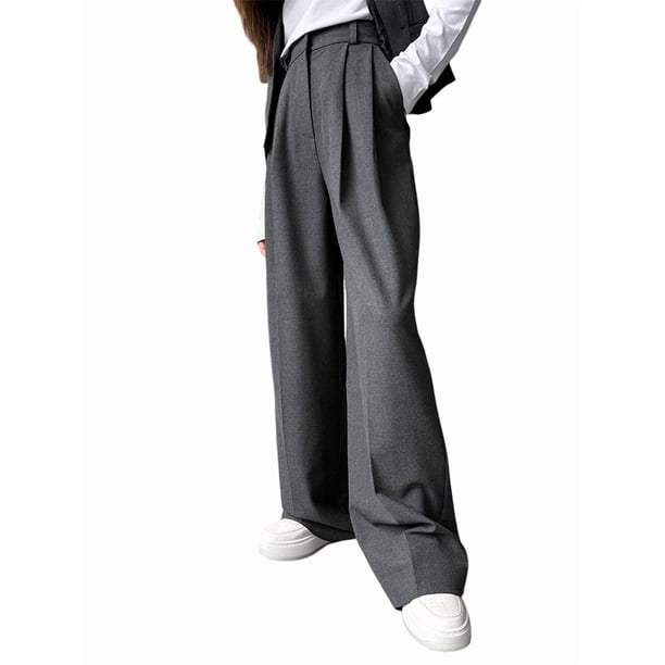 Pantalones de Trabajo para Mujer, de Pierna , de Vestir, de Cintura Alta, Informales, para Oficina y Negocios Gris L