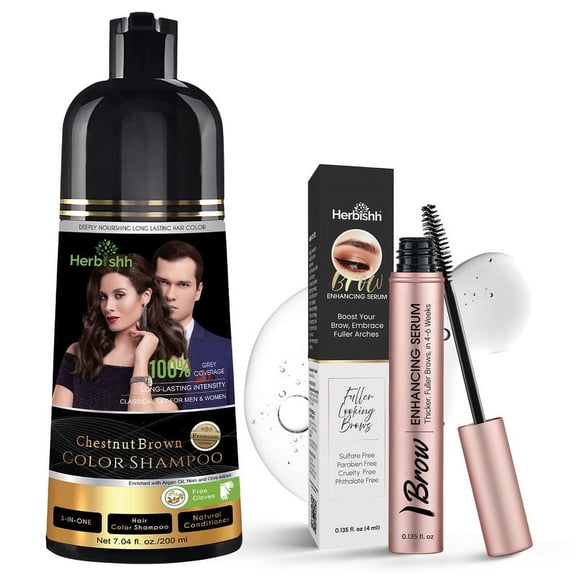 Herbishh Chestnut Brown Shampoo, Hair Dye Shampoo 3 in 1, 100% Grey Coverage, Demi-Permanent Hair Color for Men & Women, With Eyebrow Enhancing Serum Combo