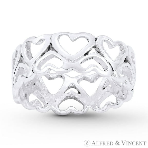 2-Row Heart Charm Love Promise 7mm Eternity Band in Solid .925 Sterling Silver