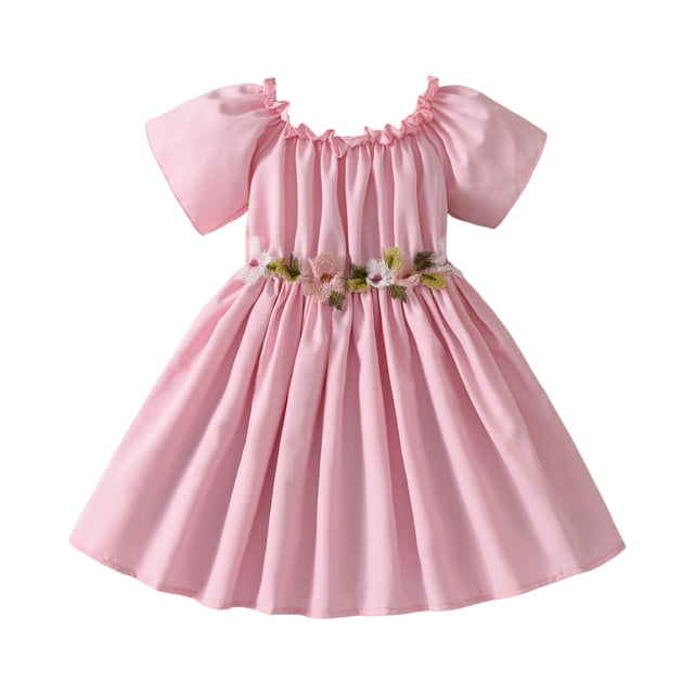 Icvfdpl Robe d'Été pour Filles Manches Courtes Fête de Vacances Danse Vêtements de Fête Robe d'Été Rose Coton 4-5 Ans