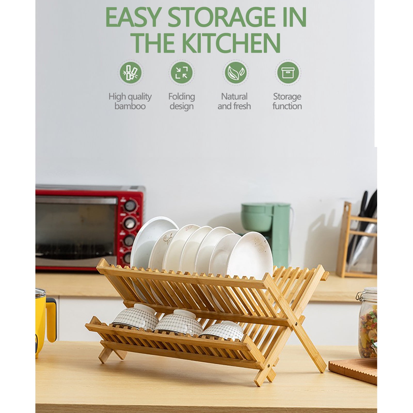 Cagogo Bamboo Dish Drying Rack, 2 Tier Large Capacity Foldable Dish Drainer, Bamboo Wood Dish Rack Drainer Tray for Kitchen Countertop, Sink Organizer, Plates Bowls Cups Utensils Storage