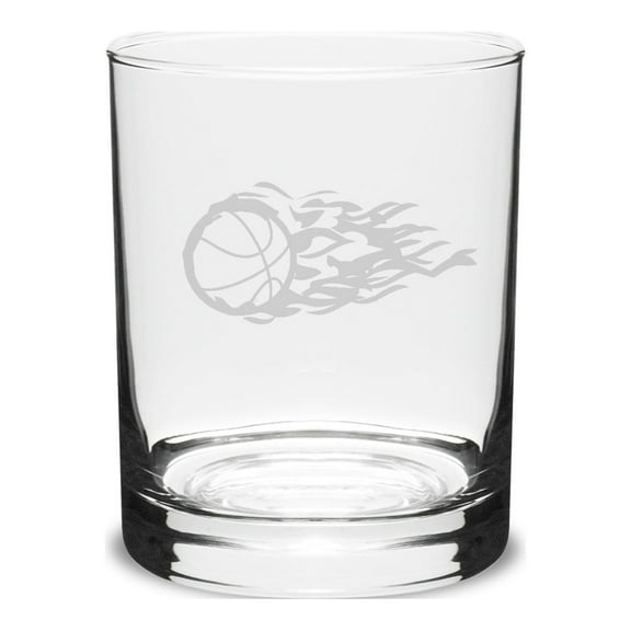 Flaming Basketball 14 oz. Deep Etched Double Old Fashion Glass
