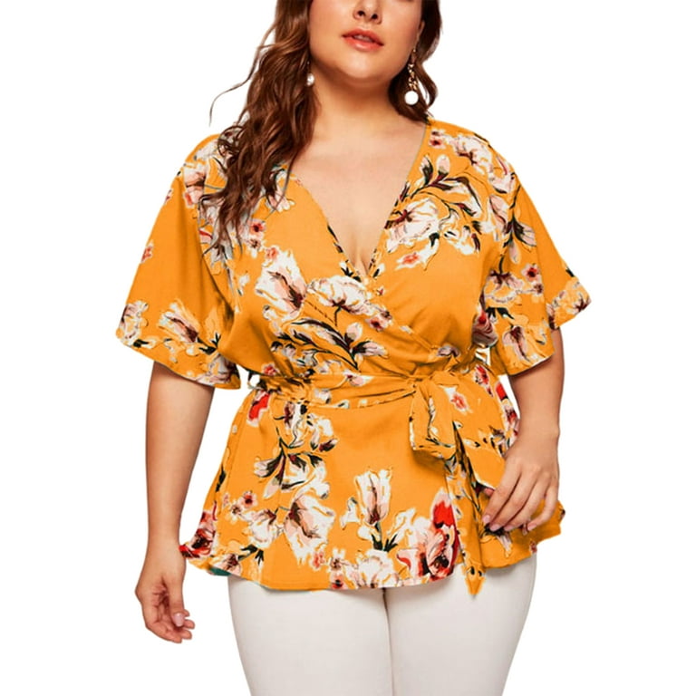 MAWCLOS Womens Casual Short Sleeve T Shirts Loose Floral Chiffon Tops Plus  Size Wrap V Neckline Blouses Shirt with Tie Belt