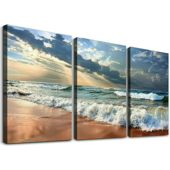 Ullo0ord Beach Canvas Wall Art for Living Room Bedroom Home Decorations Sunrise Blue Ocean Sea Beach Pictures Art Decor Modern Stretched and Framed Seascape Waves Landscape Canvas Prints Artwork