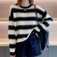thumbnail image 3 of Suéteres de cuello redondo de manga larga con rayas y retazos para mujer, moda de otoño e invierno, suéteres coreanos que combinan con todo, tops de tendencia, 3 of 5