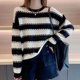 thumbnail image 3 of Suéteres de cuello redondo de manga larga con rayas y retazos para mujer, moda de otoño e invierno, suéteres coreanos que combinan con todo, tops de tendencia, 3 of 5
