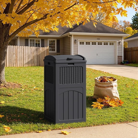 33 Gallon Resin Outdoor with Lid, Hideaway Waterproof Garbage Bin, Black