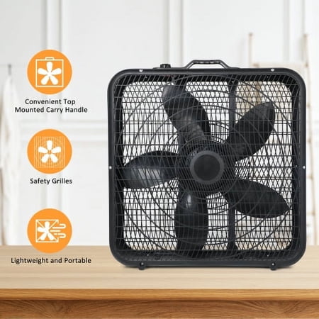 InfiniPower 20” Box Fan, 3-Speed Cooling Table Fan with Aerodynamic Shaped Fan Blades, Convenient Carry Handle and Safety Grills, For Home Office Color: Black