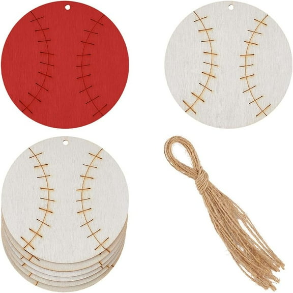 10Pcs Baseball Unfinished Wood Hanging Sports Ball DIY Crafts Cutouts Wooden Baseball Tags Painting Hanging Ornaments with Jute Twines