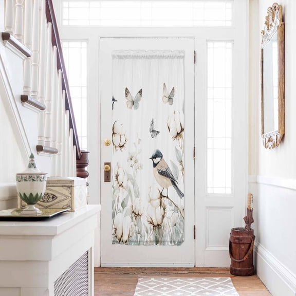 Butterfly Flower Door Curtains for Door Window, French Sidelight Front Back Door Curtains With Tieback, Cotton Rustic Watercolor Leaf Floral Kitchen Rod Pocket Drapes Panel, 25"x72"