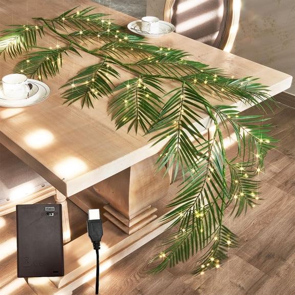 Sbnonk Lighted Palm Garland Timer 6FT 120 Led Lights Battery Operated Artificial with Lights for Summer Christmas Table Fireplace（Green）