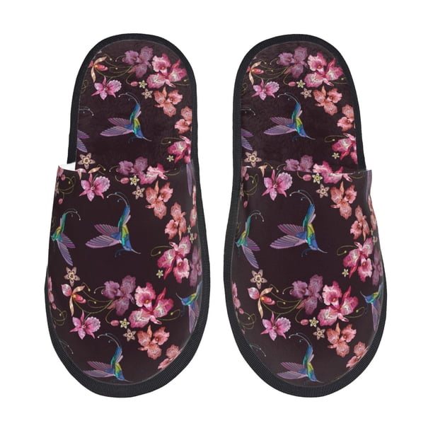 Fotbe Humming Bird And Tropical Pantuflas Peludas para Mujer con Estampado, Zapatillas de Peluche, Zapatos de Invierno para Casa, Uso Interior y Exterior-Medium