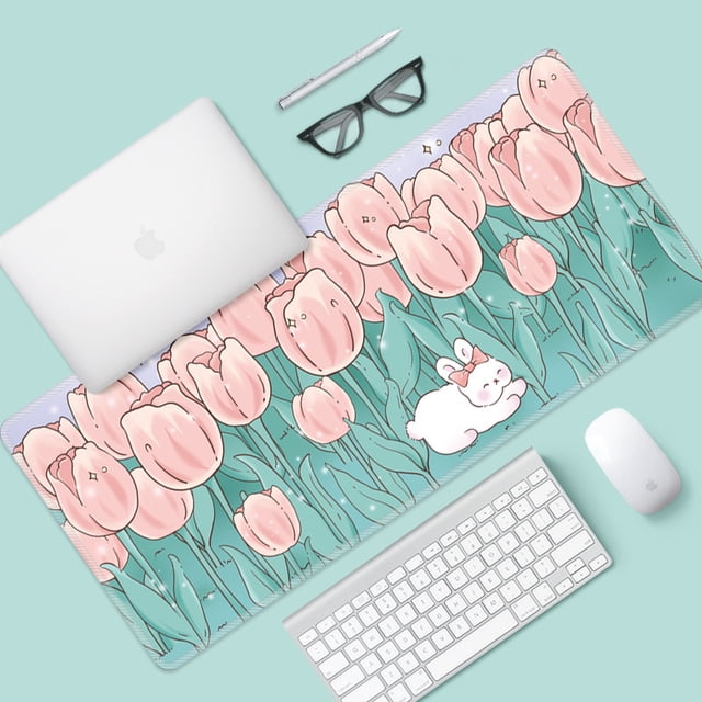Alfombrilla de ratón con diseño de flores de gran tamaño y bonitos dibujos animados para ordenador portátil, para oficina y escritorio de estudio para mujer