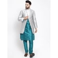 thumbnail image 1 of eloria Men's Indian Traditional Teal Green & Silver Layered Silk Blend Kurta with Churidar Pyjama and jacket Set, 1 of 7