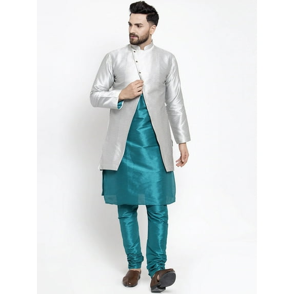 eloria Men's Indian Traditional Teal Green & Silver Layered Silk Blend Kurta with Churidar Pyjama and jacket Set