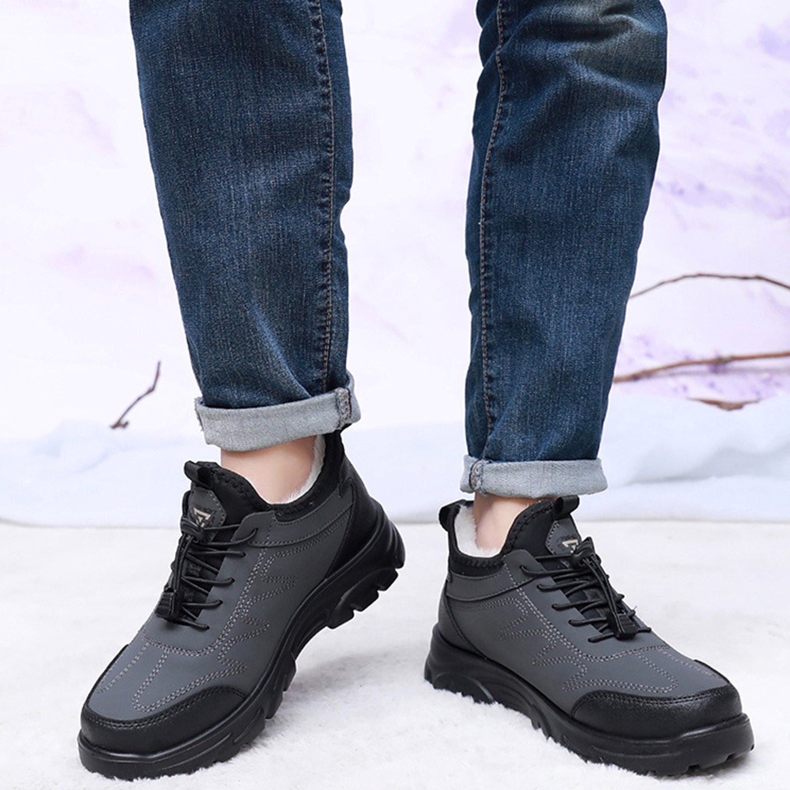 Snow Boots for Men Thickened Warm Comfy Furry Lined Winter Hiking Shoes Adjustable Strappy Fashion Waterproof Leather Outdoor Sneakers Gray Size 10