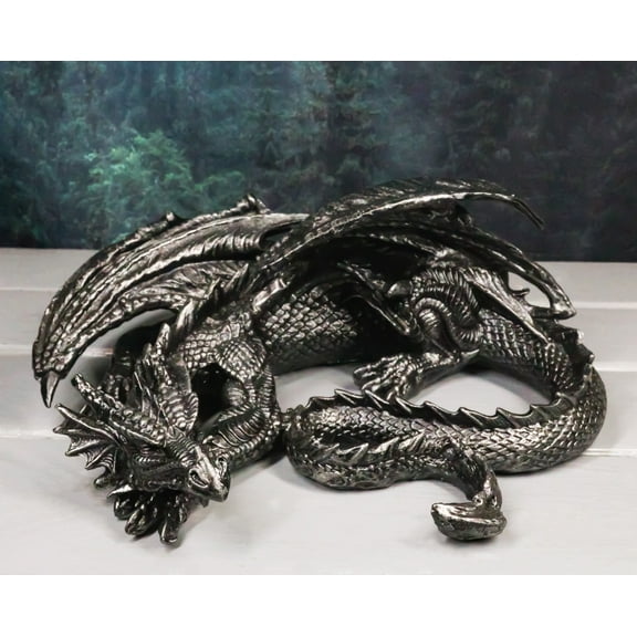 Medieval Fantasy Horned Black Soma Dragon At Repose Collectible Figurine 11"L