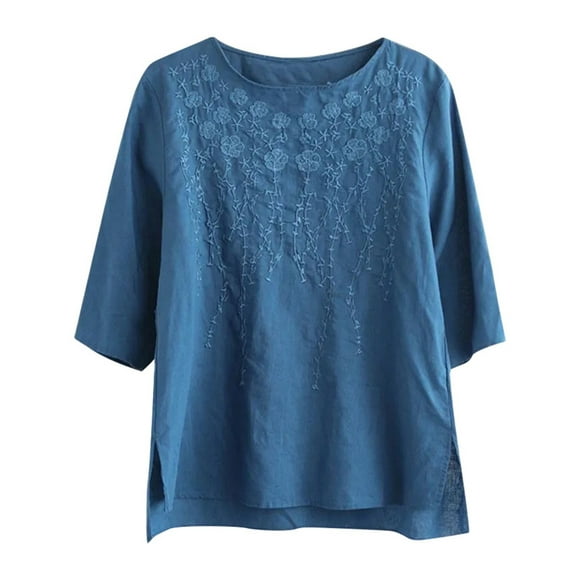 LUOGENLI Female T-shirts for Womens Embroidered T Shirt for Women Summer Short Sleeved Top Plus Size High End T Shirt for Women Ethnic Style Clothing Womens T-shirts Graphic Tees Valentines Blue XXL
