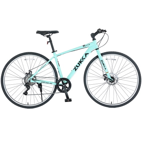 Aezusy Mountain Bike, 7 Speed Aluminum Alloy Frame 700C Hybrid Bike Road Bike for Ages 16+, Fits Riders 5'3"-5'8", Men Women's City Bicycle, Green