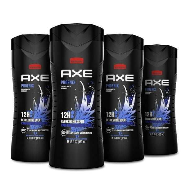 Body Wash AXE Phoenix, paquete de 4 unidades, 16 onzas, con humectante 100% vegetal.