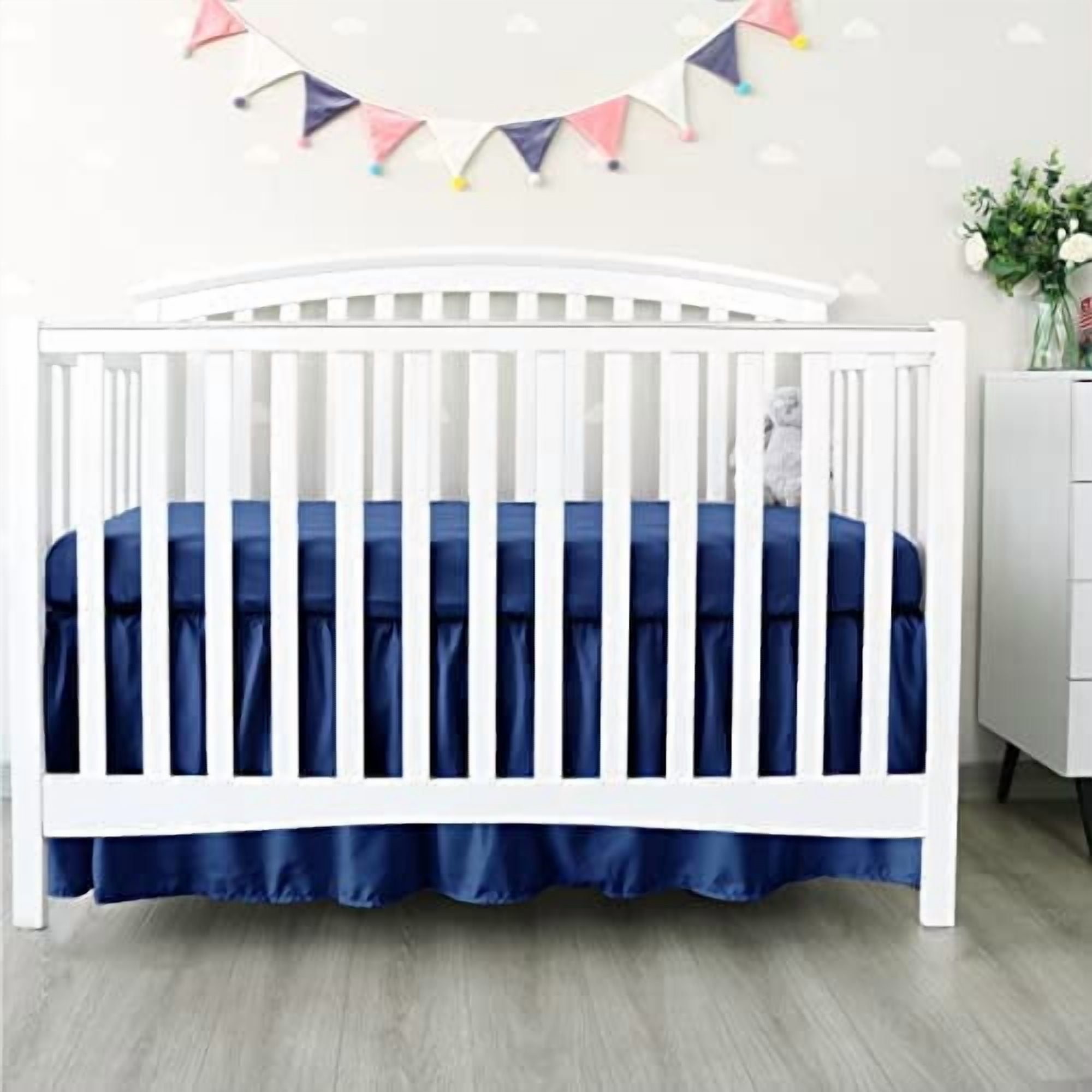 Crib Bed Skirt Navy 4 Sides Pleated Dust Ruffle Adjustable Fit Standard Crib Toddler Bed Skirts for Baby Boy or Baby Girl Crib Bedding, Navy Blue Crib Skirt Machine Wash