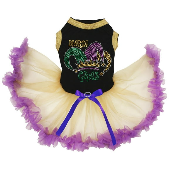 Petitebelle Rhinestones Mardi Gras Clown Hat Puppy Dog Dress (Black/Gold Purple, Small)