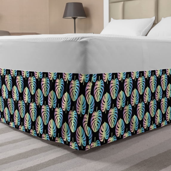 Leaves Bed Skirt, Colorful Monsteras Tropical Hawaiian Illustration on a Dark Background Rainbow Ombre, Elastic Bedskirt Dust Ruffle Wrap Around for Bedding Decor, 4 Sizes, Multicolor, by Ambesonne