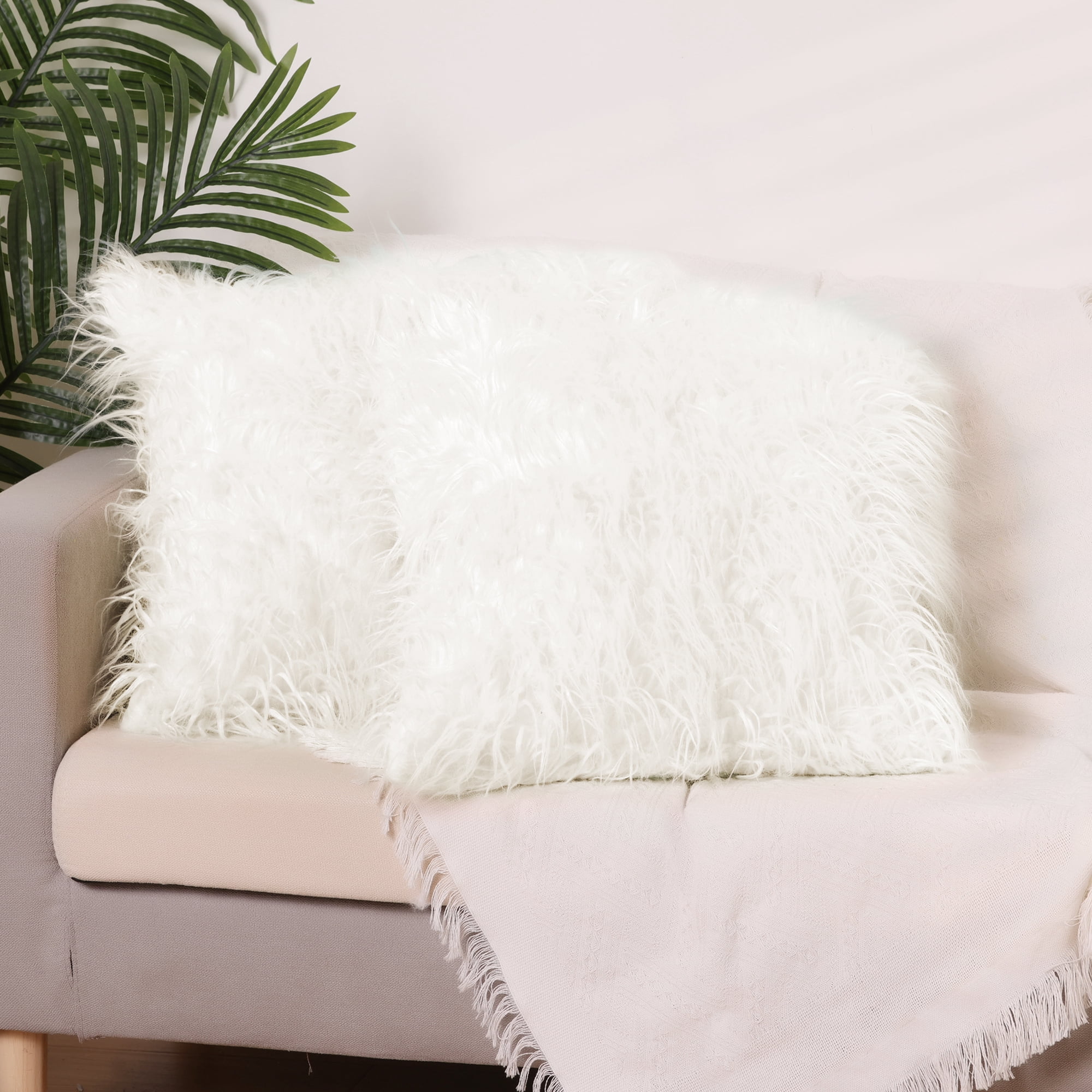 Unique Bargains Faux Fluffy Zipper Closure Cushion Covers Throw Pillow Covers (2 Count) White 18" x 18"