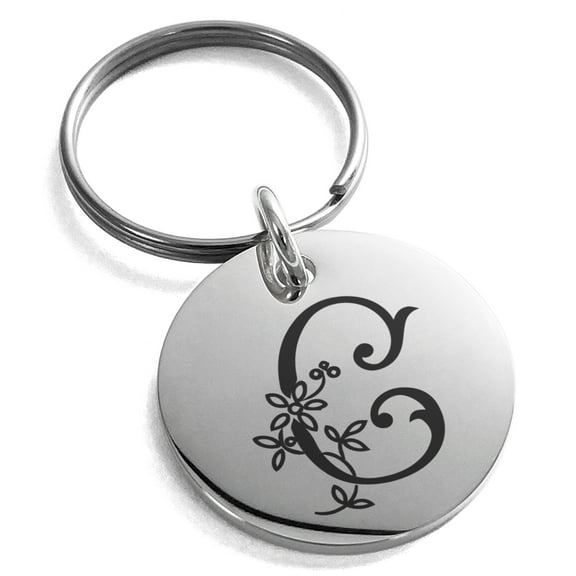 Stainless Steel Letter C Initial Floral Monogram Engraved Small Medallion Circle Charm Keychain Keyring