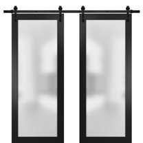 Sturdy Double Barn Door with Frosted Glass | Planum 2102 Matte Black | 13FT Rail Hangers Heavy Set | Modern Solid Panel Interior Doors -36" x 96" (2* 18x96)-Black Rail