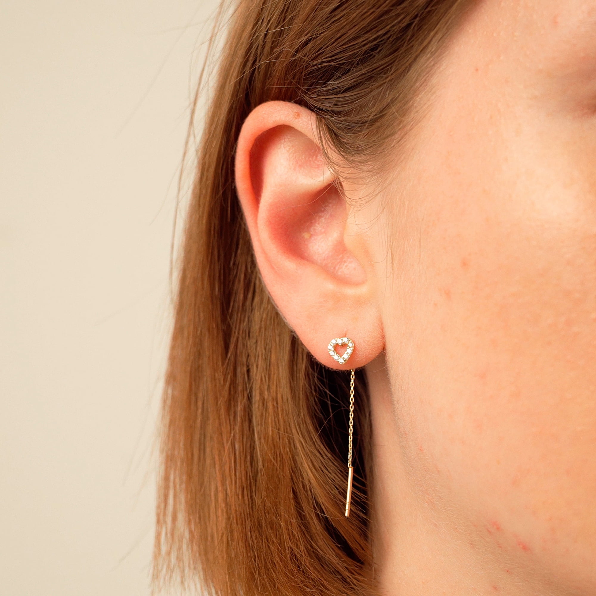 Gelin CZ Heart Threader Earrings in 14K Solid Gold for Women