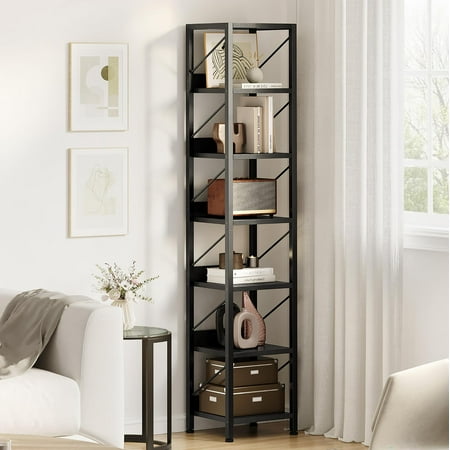 TROPOW Narrow Bookshelf Tall Skinny Bookcase 6 Tier Storage Rack Rustic Corner Shelf Metal Frame Small Freestanding Bookshelves Industrial Display Stand for Bedroom, Living Room, Home Office,Black