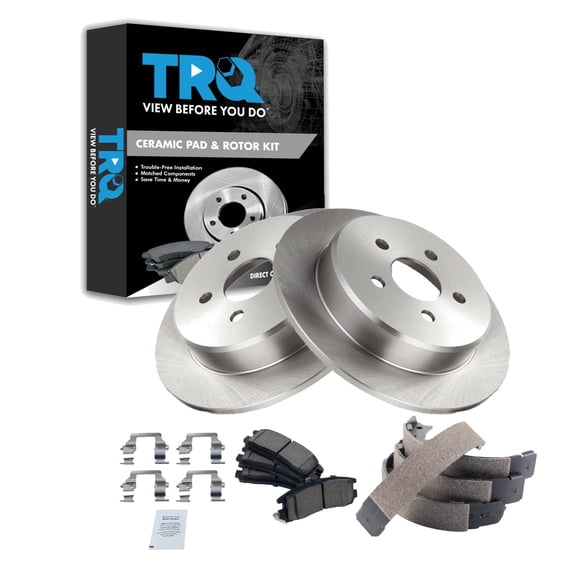 TRQ Rear Brake Pad & Rotor Kit Brake Pads Brake Rotor Parking Brake Shoe Set Ceramic Fits Select 1999-2000 Chrysler Sebring