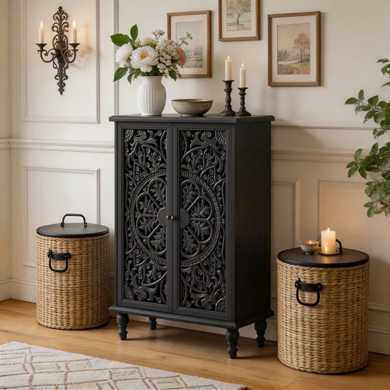 Freestanding Accent Storage Cabinet with Hollowed Out Carved Double Door, Farmhouse Display Buffet Chest with Adjustable Shelf