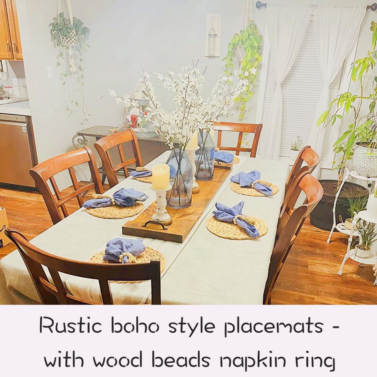 Woven Seagrass Placemats Set of 6, 12" Boho Round Woven Natural Placemats, Wicker & Rattan, Braided Plate Chargers, with Wooden Brush & 6 Napkin Rings (Natural Water Hyacinth)