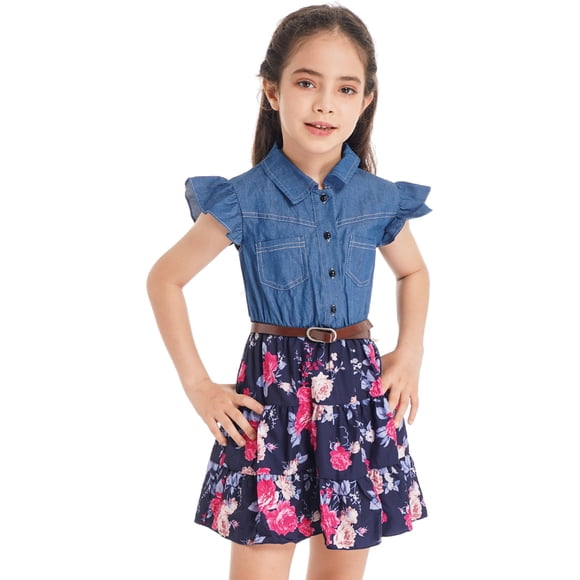 iiniim Vêtements de Jeu Décontractés pour Filles Robe en Denim Étudiant Été Usage Quotidien Col à Revers Manches Volantes Tenue Bleu Marine 12