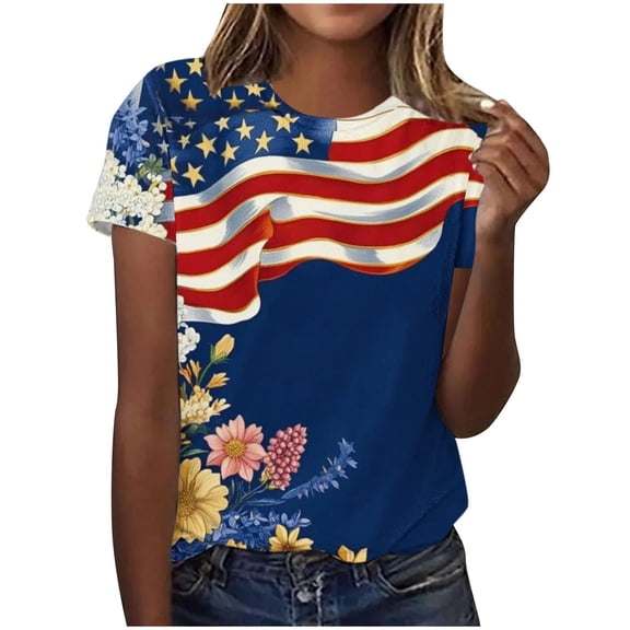 SCSAlgin 4th of July Shirts for Women Freedom T-Shirt American Flag Graphic Tees Patriotic Crewneck Short Sleeve Tops
